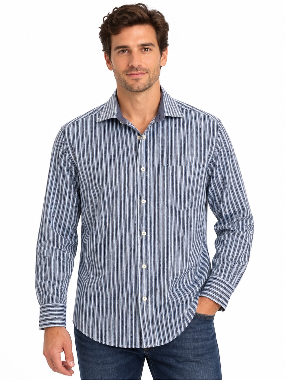 Bugatchi Uomo Classic Fit Striped Cotton Button Down Shirt Blue XL